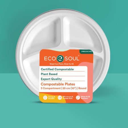 12 Inch Round 3 Compartment Compostable Bagasse Plates (Bleached)