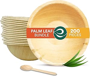 Palm Leaf Value Pack | Includes 6 inch [16oz] Round Bowl, 160 mm Birchwood Spoon