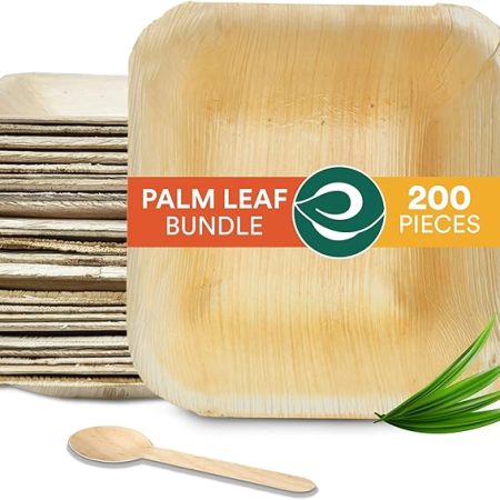 Palm Leaf Value Pack | Includes 5.5 inch [500 ml] Square Bowl, 160 mm Birchwood Spoon