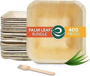 Palm Leaf Value Pack | Includes 5.5 inch [500 ml] Square Bowl, 160 mm Birchwood Fork
