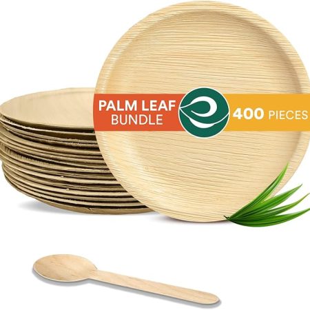 Palm Leaf Value Pack | Includes 6 inch Round Plate, 160 mm Birchwood Spoon