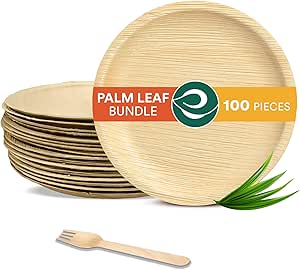 Palm Leaf Value Pack | Includes 8 inch Round Plate, 160 mm Birchwood Fork