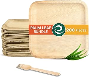 Palm Leaf Value Pack | Includes 8 inch Square Plate, 160 mm Birchwood Fork